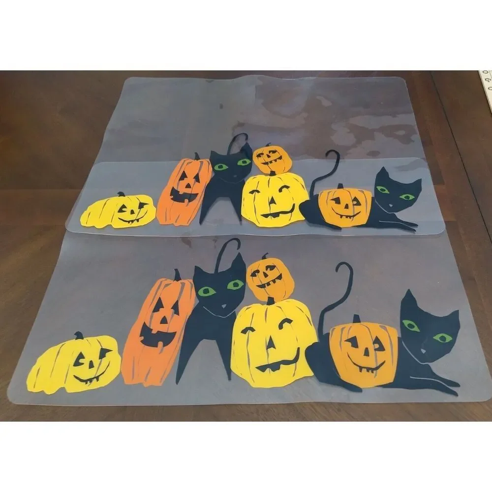 HALLOWEEN Crate & Barrel Black Cat‎ Jack-O-Lantern Coffee Mugs Matching Mats 4Pc